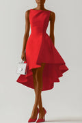 Cocktial Party Red Dress Sleeveless Boat Neck Asymmetrical Midi Dress