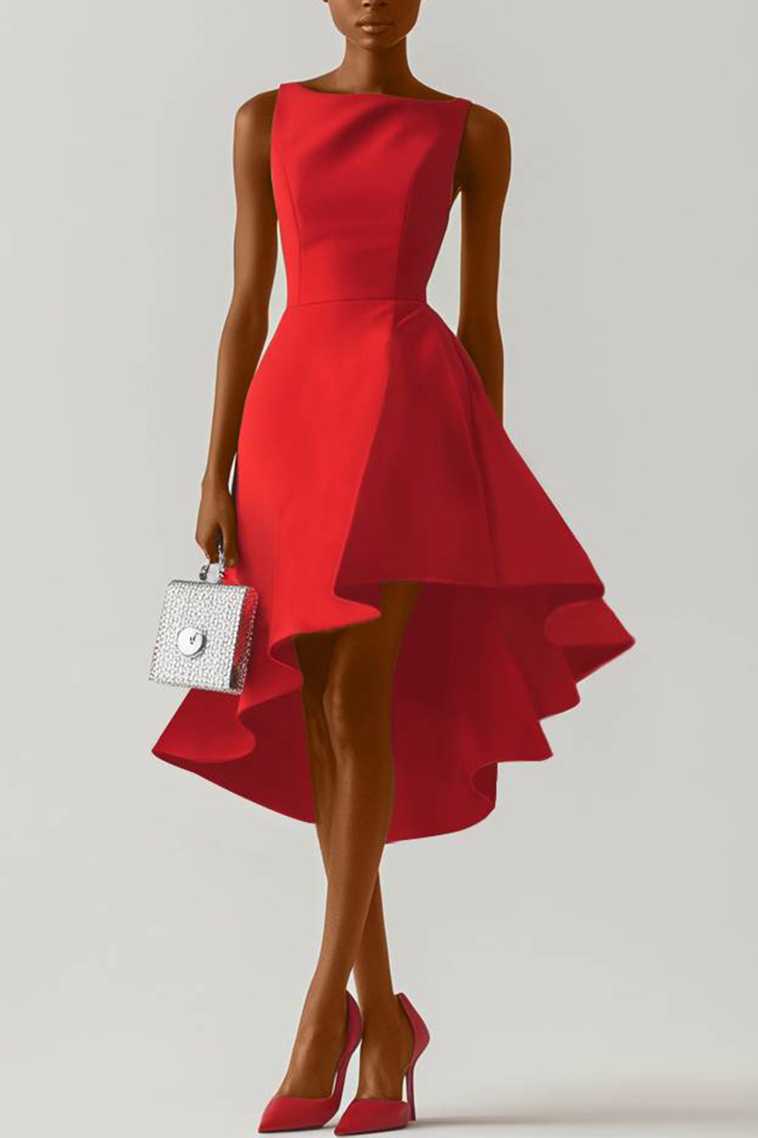 Cocktial Party Red Dress Sleeveless Boat Neck Asymmetrical Midi Dress