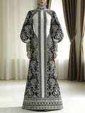 A-Line Long Sleeves Contrast Color Flower Print High Neck Maxi Dresses