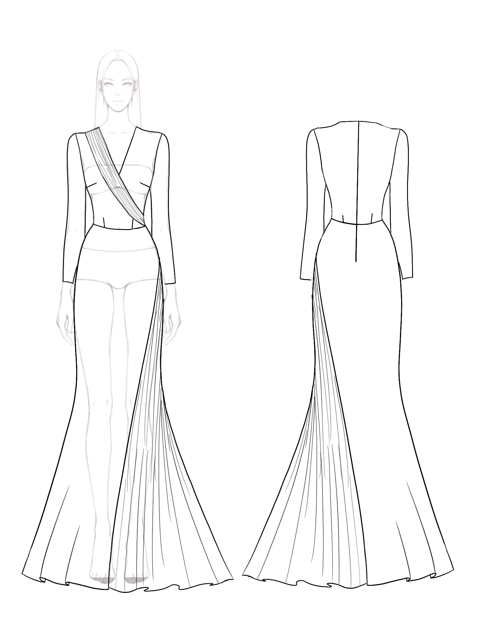 Formal Evening Dress Black White Pleated V-Neck Long Sleeve Maxi Dress