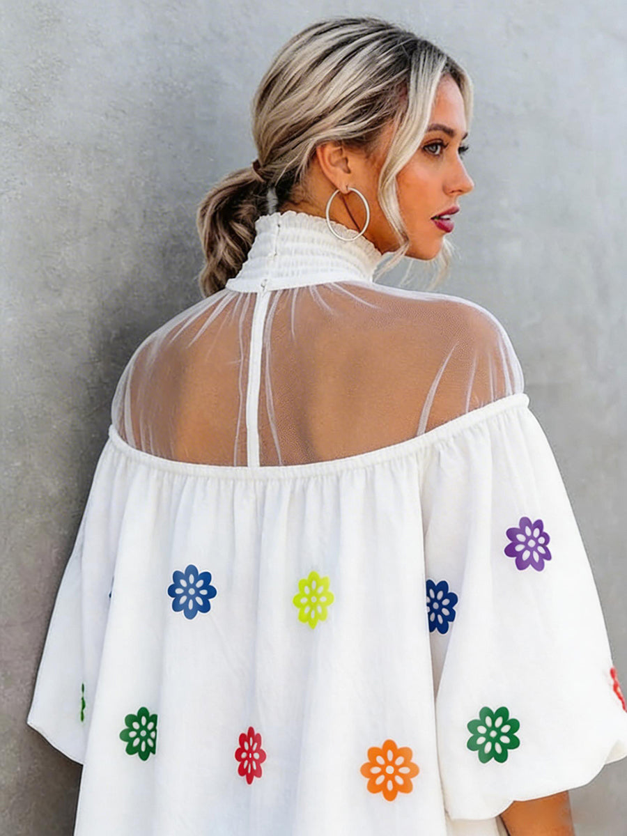 A-line Flared Sleeves Contrast Color Flower Print Pleated See-Through Split-Joint High Neck Blouses&shirts Tops
