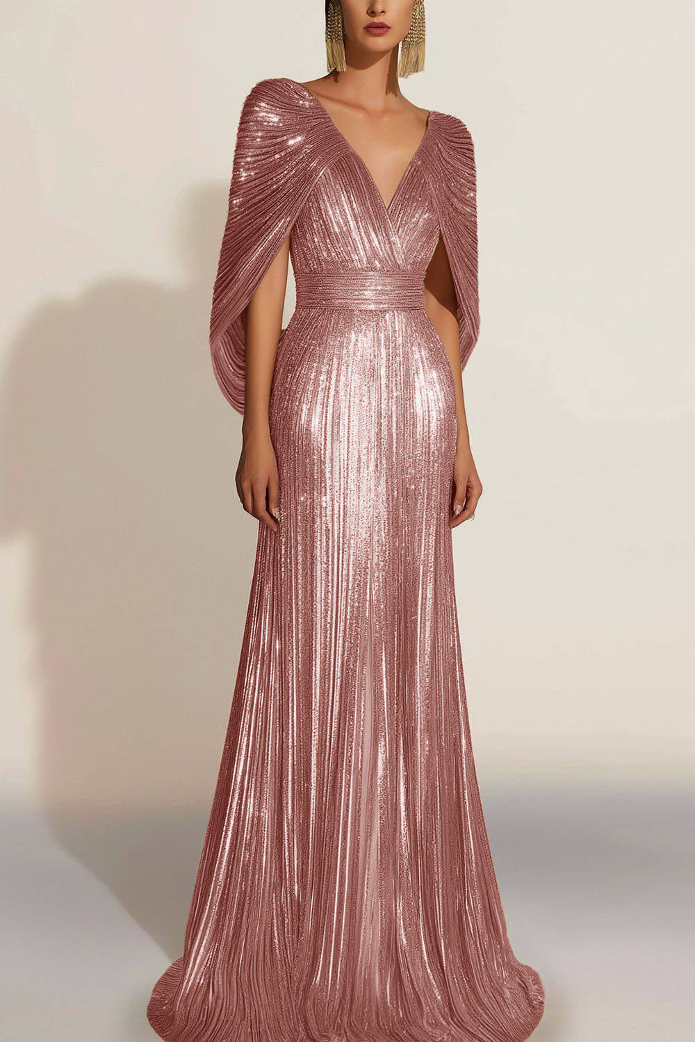 Formal Evening Fringe Dress Gold Sequin V Neck Cape Maxi Gown
