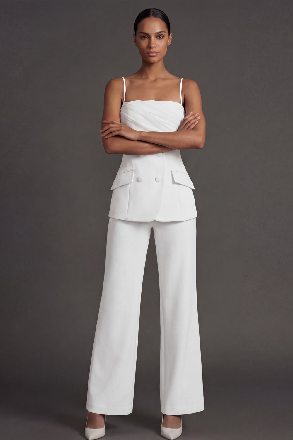White Party Suit Sets Spaghetti Straps Sleeveless Pants Set