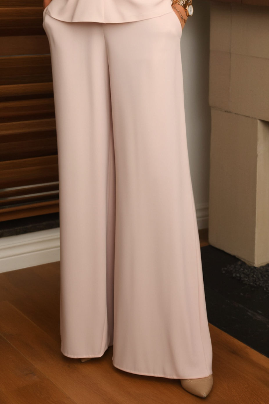 Casual Set Beige V Neck Long Sleeve Wide-Leg Pants Set