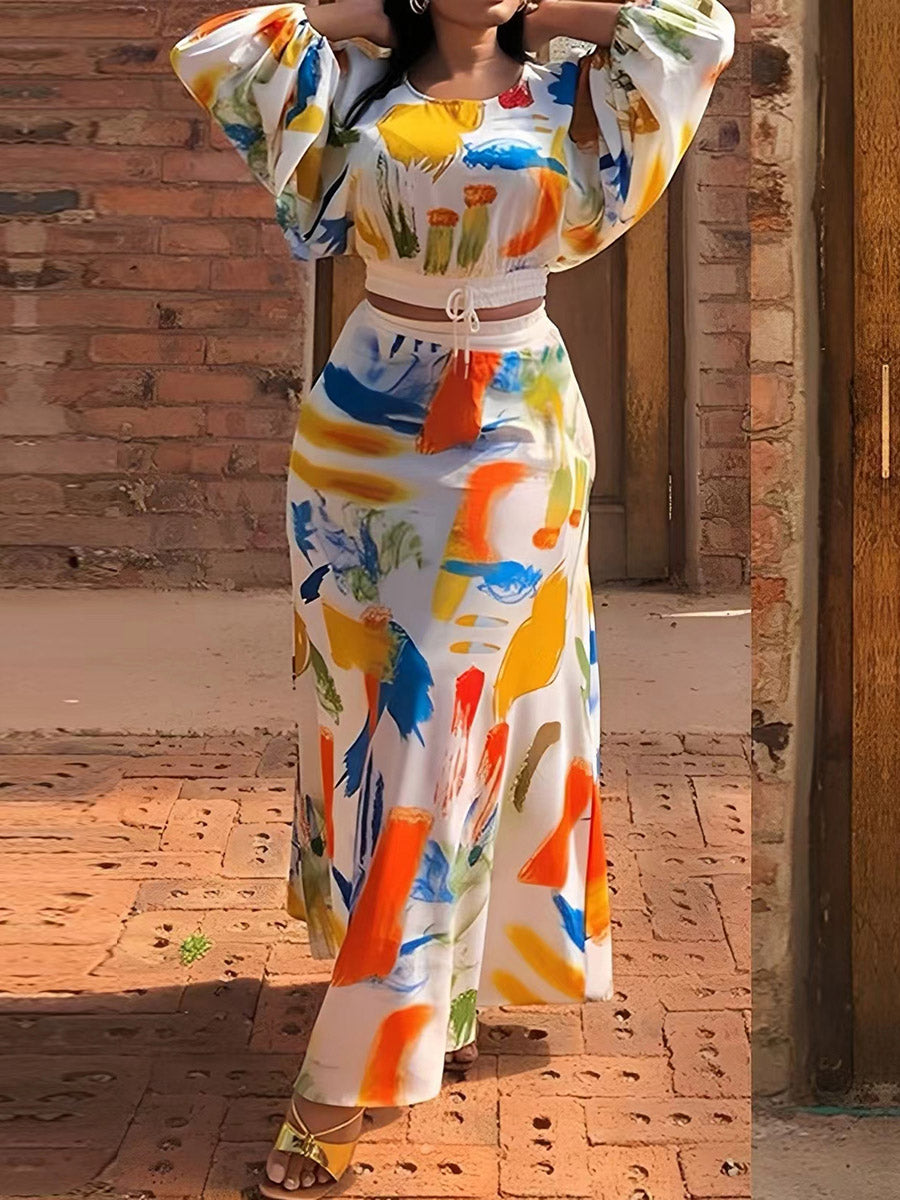 A-Line Elasticated Waist Contrast Color Graffiti Printed Split-Joint Skirts Bottoms