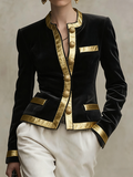 Long Sleeves Buttoned Contrast Color Split-Joint Round-Neck Jackets Outerwear