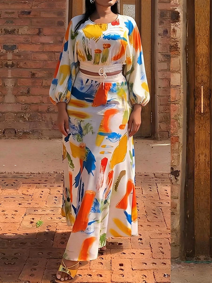 A-Line Elasticated Waist Contrast Color Graffiti Printed Split-Joint Skirts Bottoms