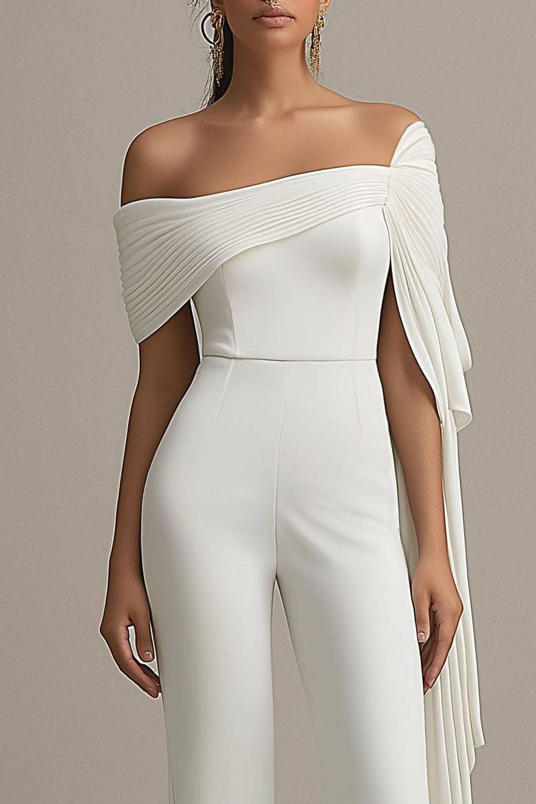 Formal Off-The-Shoulder White Draped Wide-Leg Jumpsuit