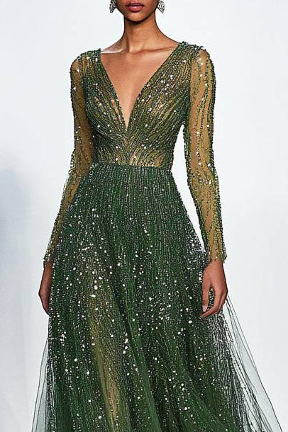 Evening Formal Sparkling Dress Green Deep V Mesh Long Sleeve Maxi Dress