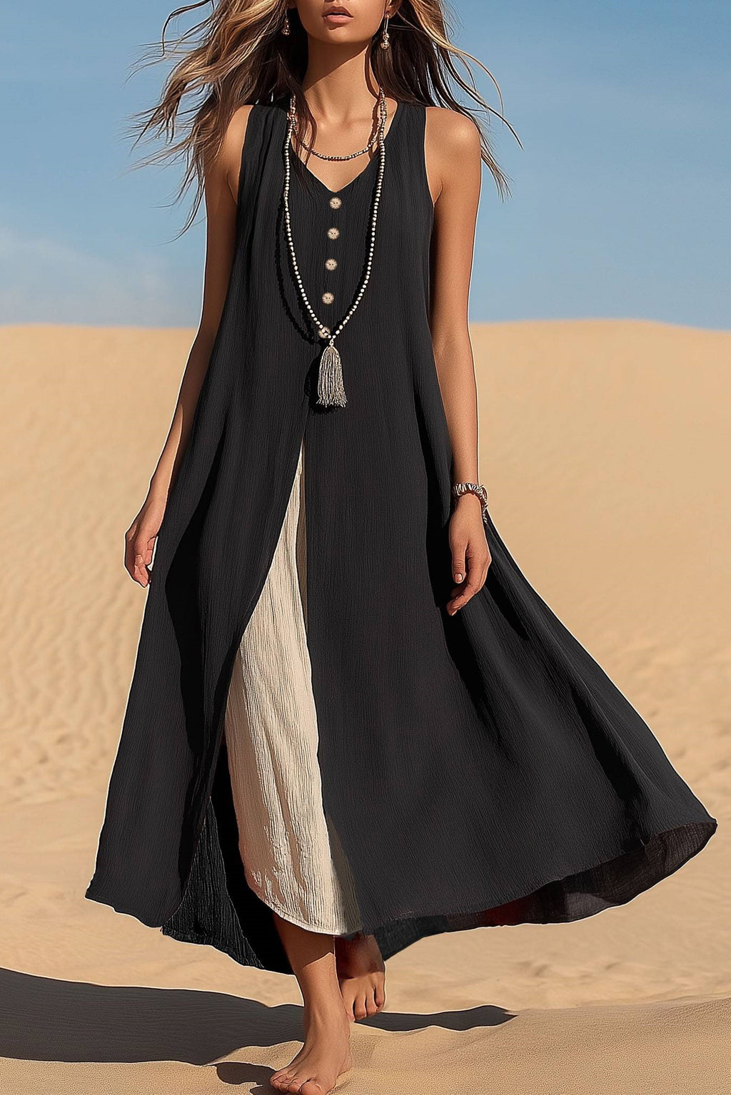Casual Vacation Dress Sleeveless V-Neck Black Beige Slit Maxi Dress
