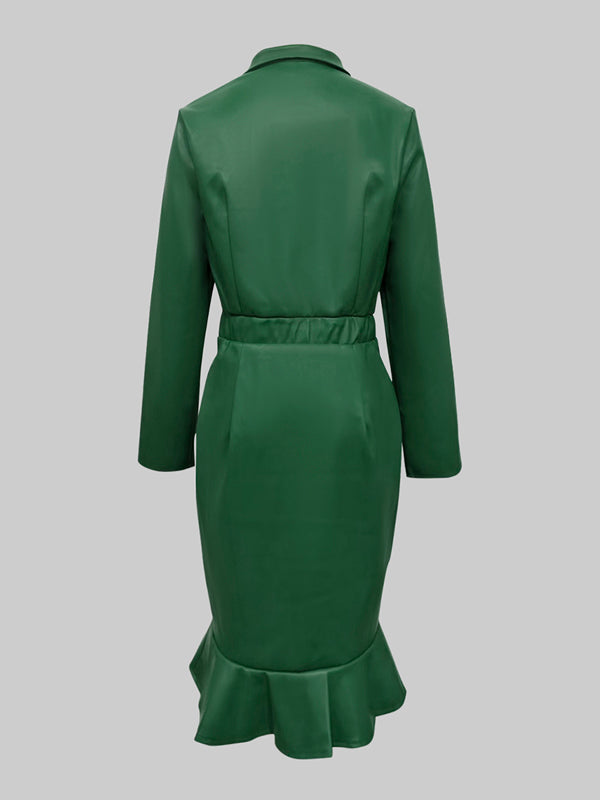 Bodycon Long Sleeves Buttoned Elasticity Ruffle Trim Solid Color Split-Joint Lapel Midi Dresses