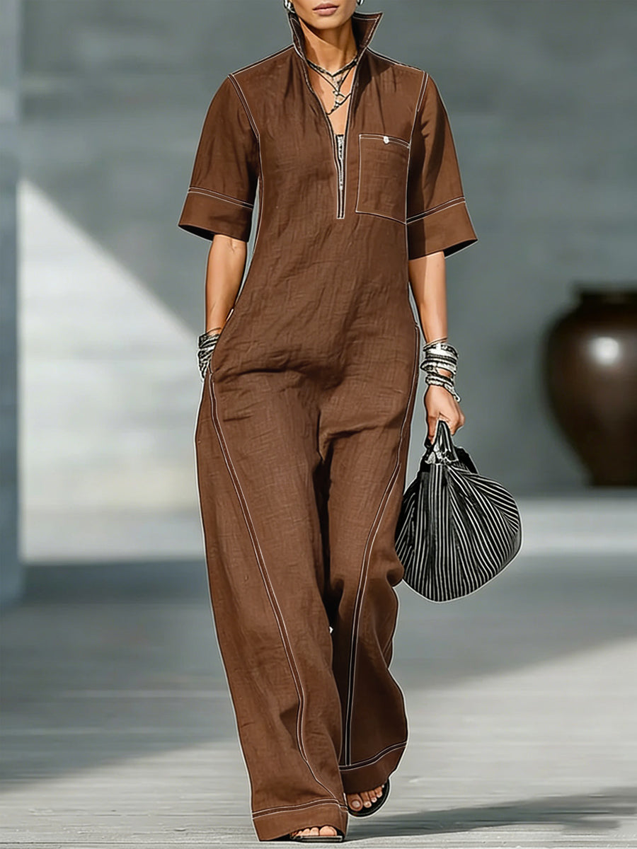 Loose Short Sleeves Pockets Solid Color Zipper Stand Collar Jumpsuits