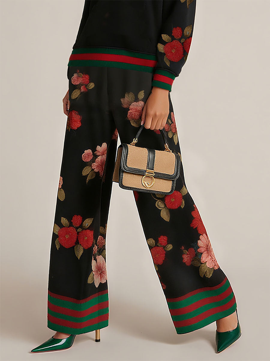 High Waisted Wide Leg Contrast Color Flower Print Pockets Split-Joint Pants Trousers