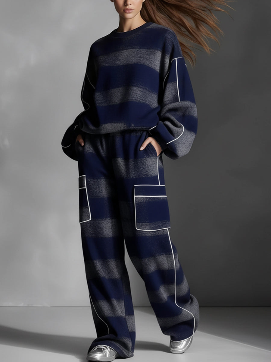 Long Sleeves Loose Contrast Color Line Split-Joint Striped Round-Neck Sweatershirt