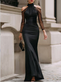 Elasticated Waist High Waisted Pleated See-Through Solid Color Split-Joint Halter-Neck Maxi Dresses