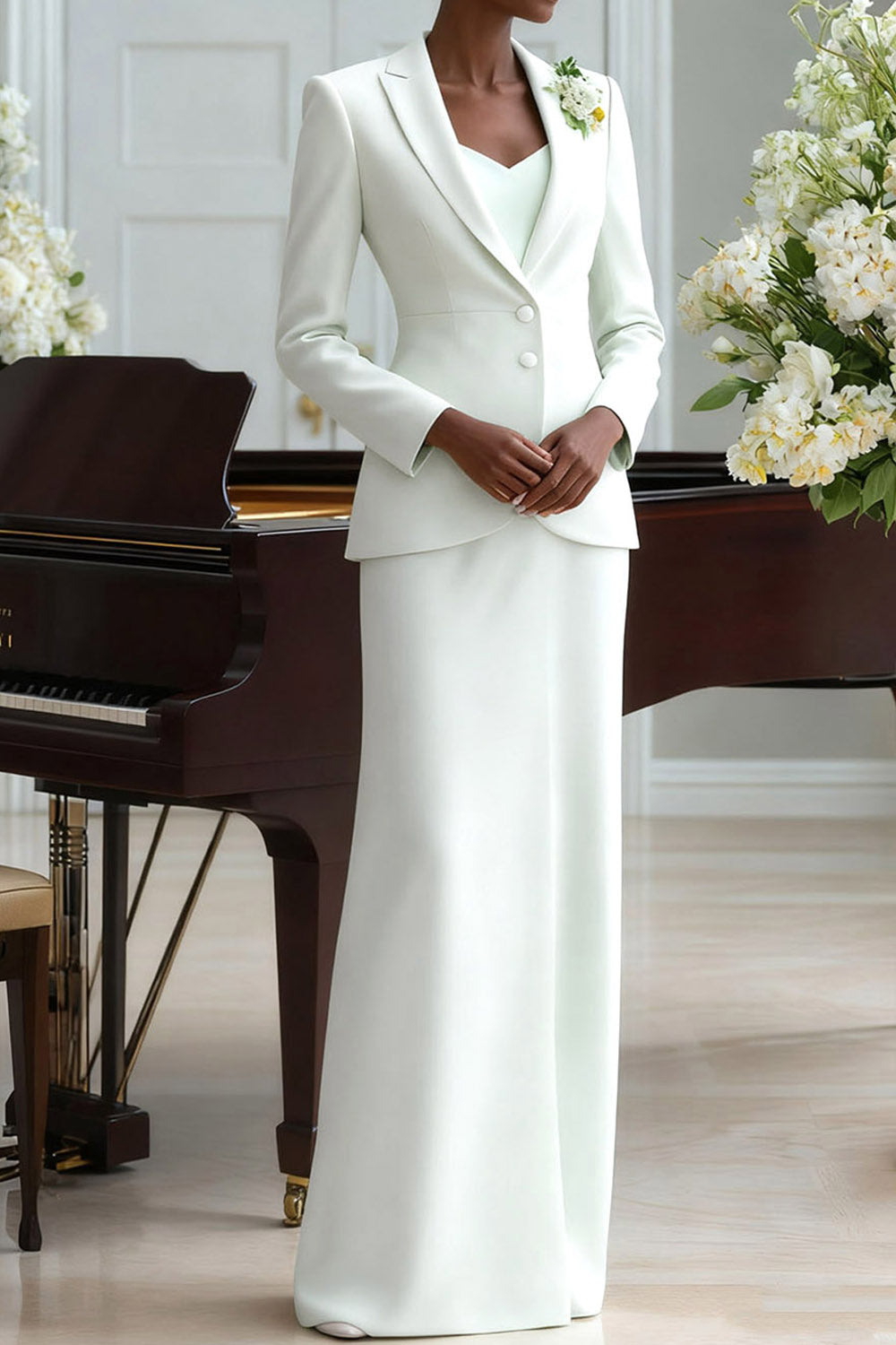 White Business Formal Blazer Suit Lapel Long Sleeve Maxi Skirt Set