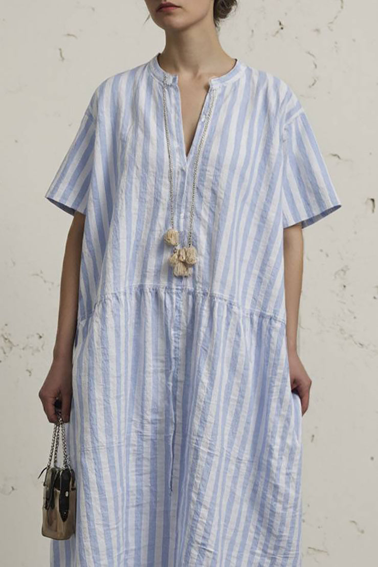 Vacation Casual Dress Blue and White Striped V-Neck Loose Midi Dress