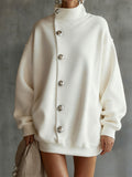 Long Sleeves Loose Buttoned Solid Color Split-Joint High Neck Mini Dresses Sweatershirt