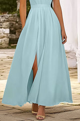 Vacation Dress Blue Deep V-Neck Sleeveless High Slit Maxi Dress