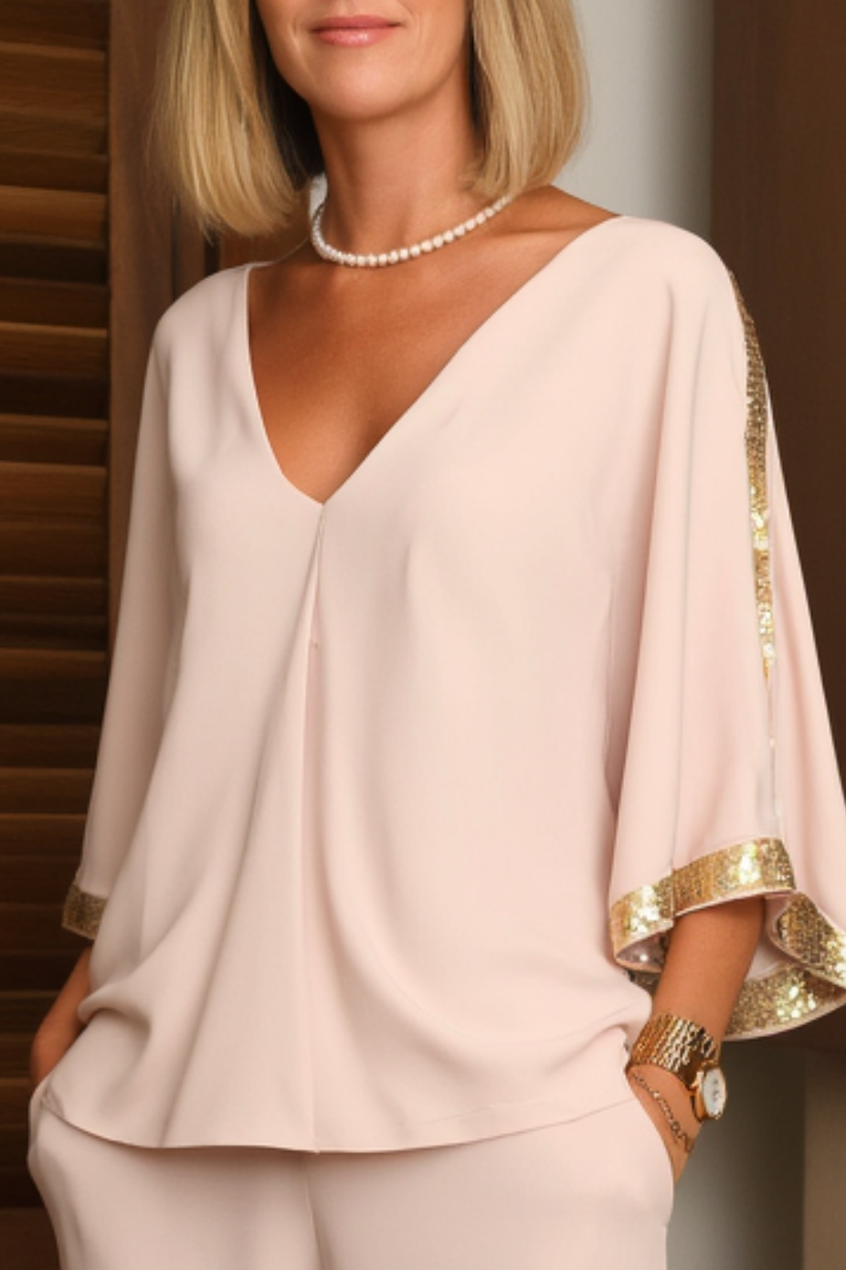 Casual Set Beige V Neck Long Sleeve Wide-Leg Pants Set