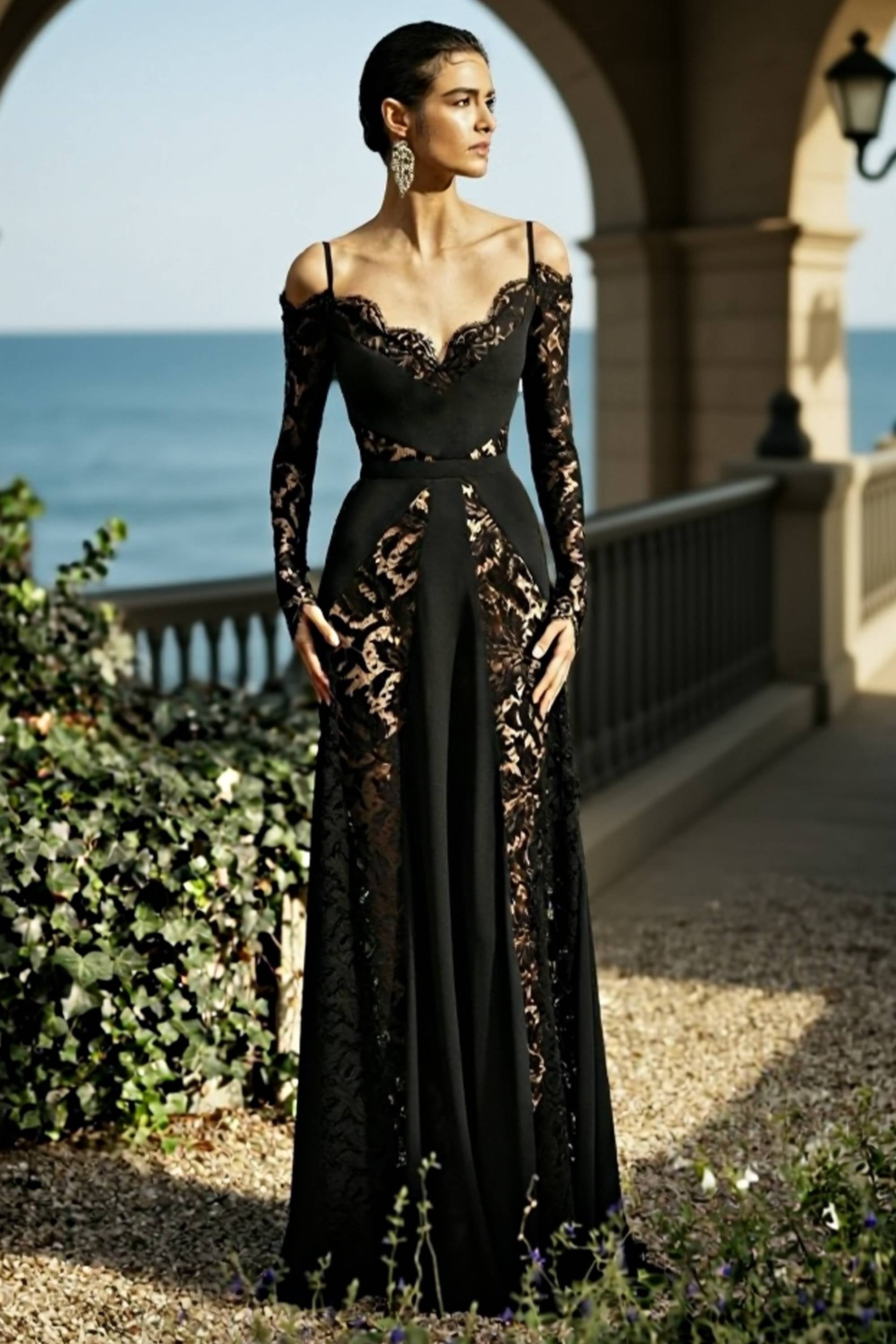 Formal Evening Dress Black V Neck Lace Maxi Long Sleeve Dress