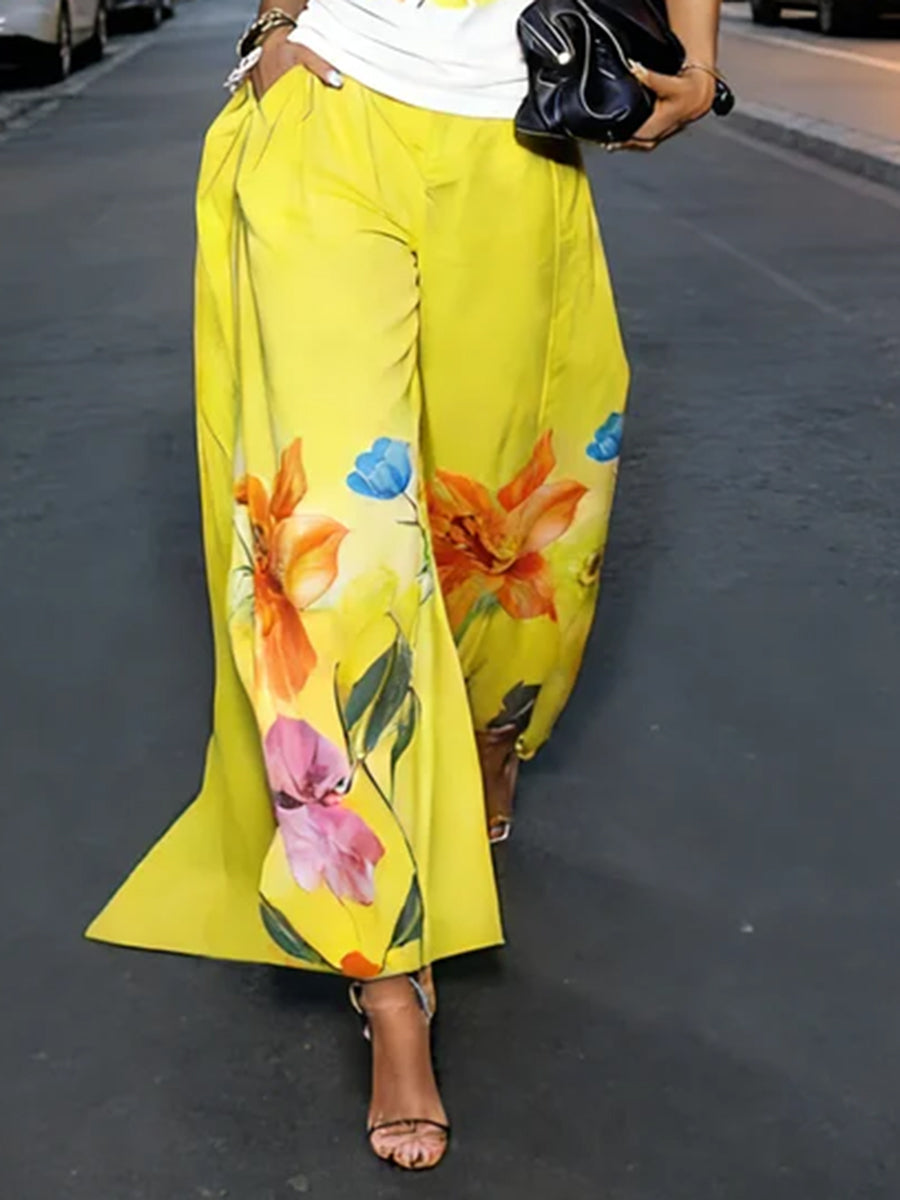 High Waisted Loose Flower Print Pockets Solid Color Pants Trousers