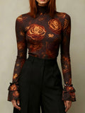 Flared Sleeves Long Sleeves Flower Print High Neck Blouses&Shirts Tops