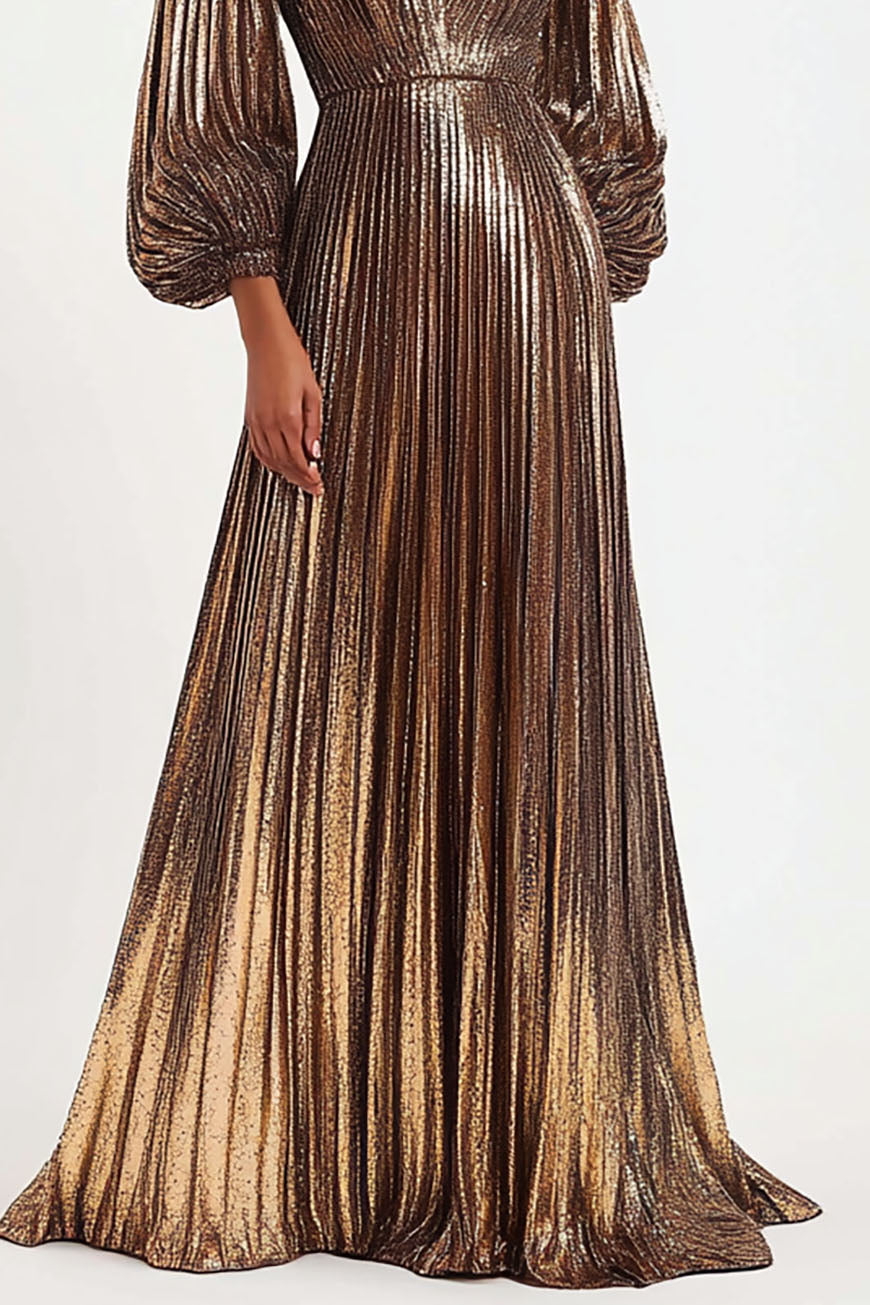 Elegant Pleated Metallic Dress Deep V Neck Puff Sleeve Maxi Dress
