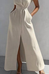 Casual Linen Dress Ivory Cross Neck Sleeveless Pocket Slit Maxi Dress