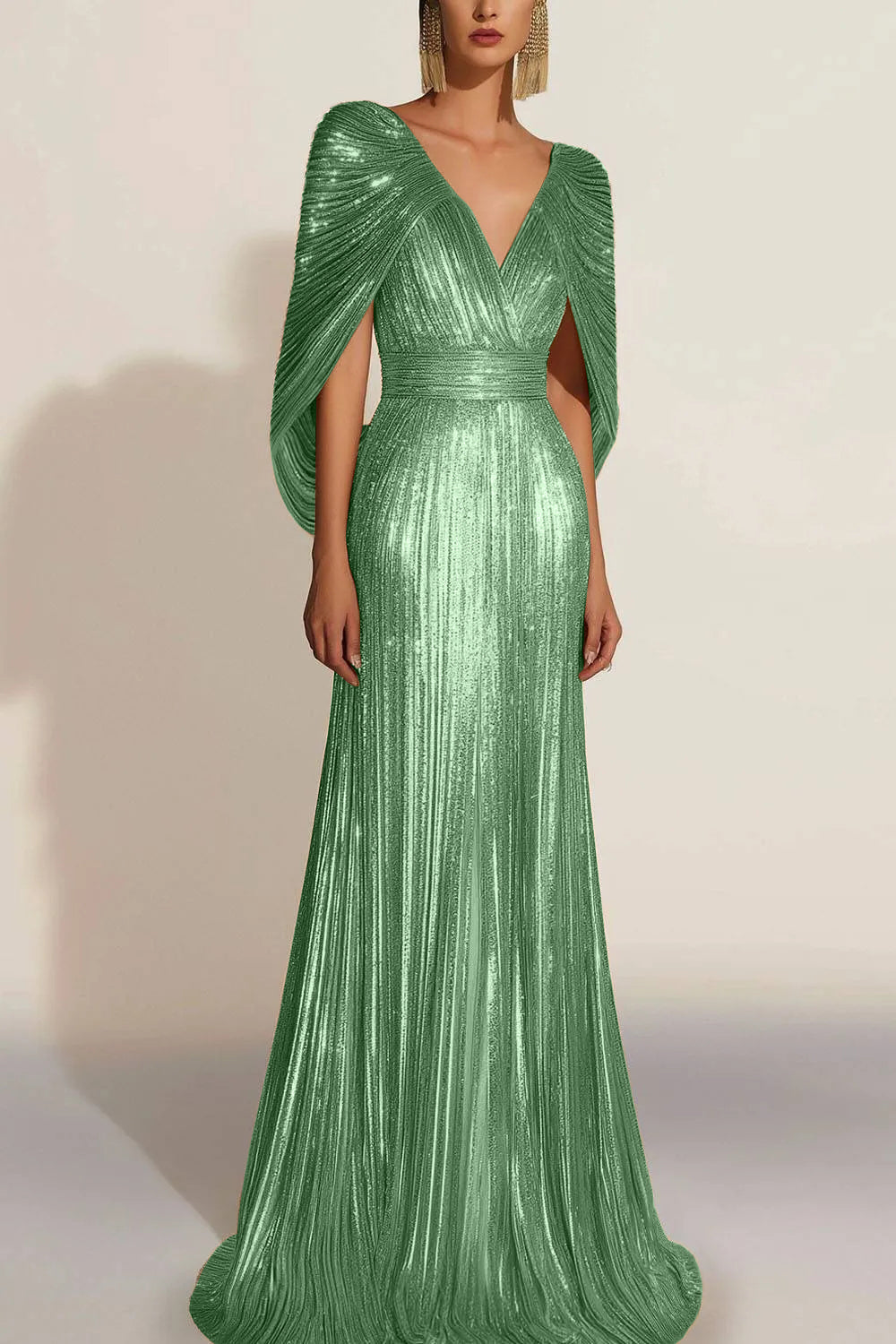 Formal Evening Fringe Dress Gold Sequin V Neck Cape Maxi Gown
