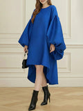 Batwing Sleeves High-Low Pleated Solid Color Split-Joint Round-Neck Midi Dresses