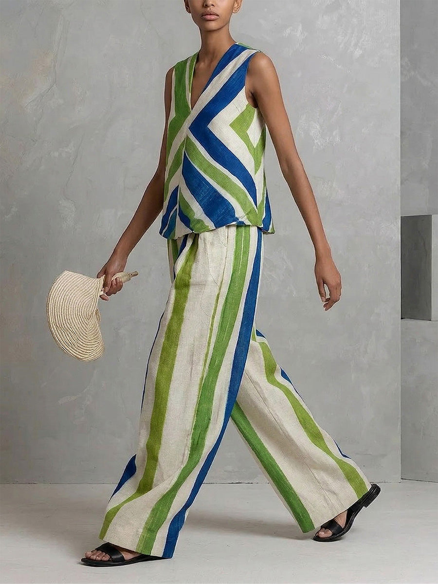 High Waisted Loose Contrast Color Pockets Striped Pants Trousers