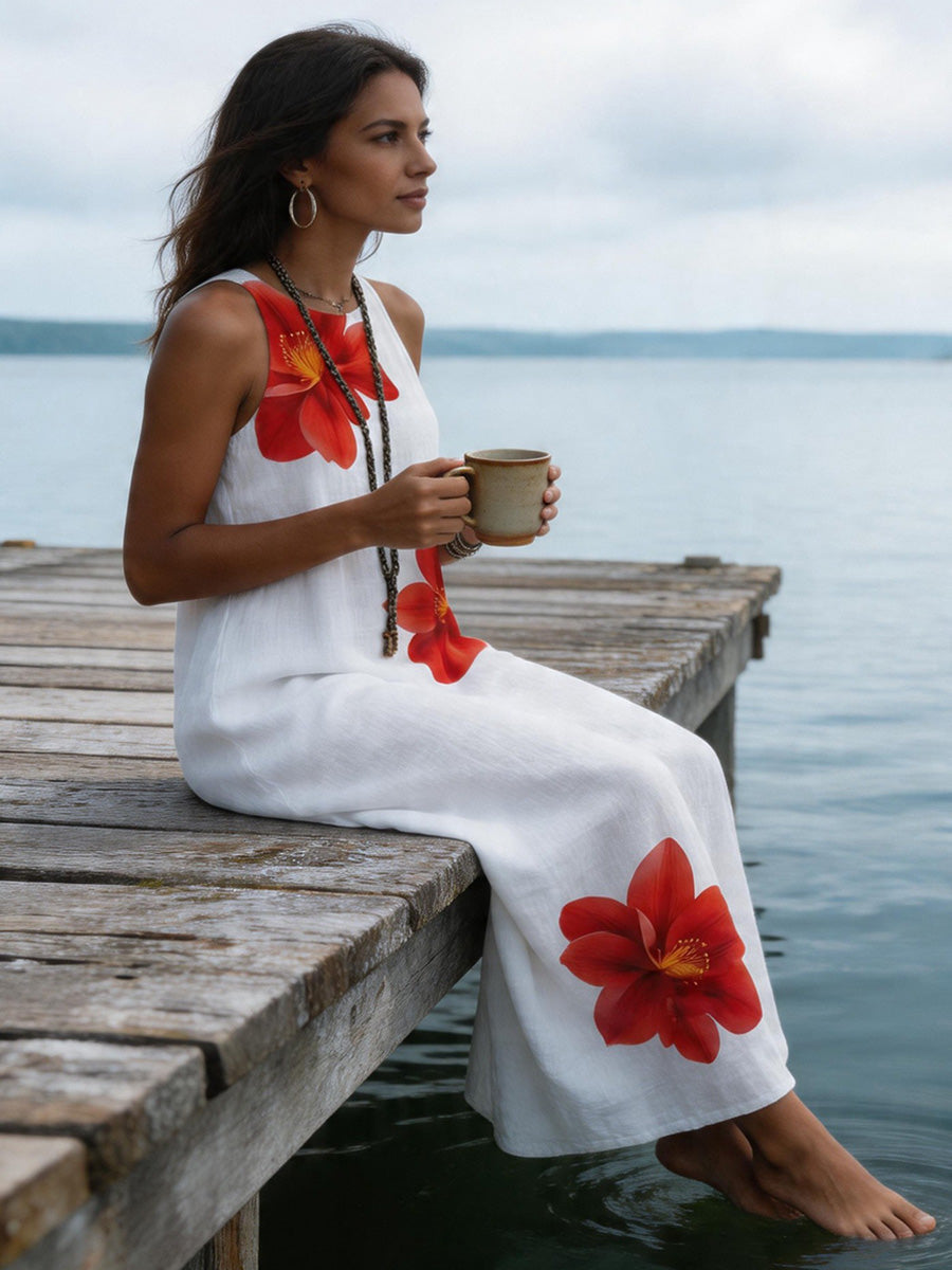Loose Sleeveless Contrast Color Flower Print Pockets Round-Neck Maxi Dresses