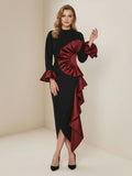 Bodycon Flared Sleeves Asymmetric Contrast Color Ruffled Zipper Stand Collar Midi Dresses