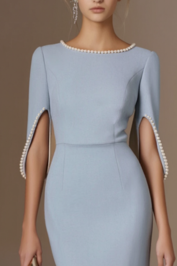 Formal Dress Blue with Pearls Maxi Mother of the Bride Dress
