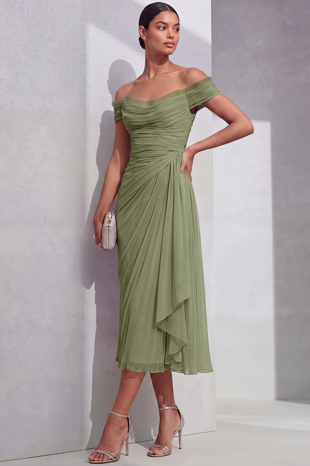 Lilac Formal Evening Dress Off the Shoulder Pleated Chiffon Midi Dress