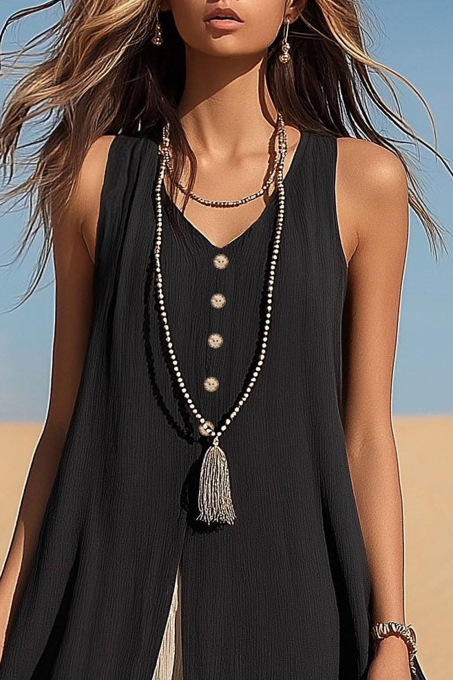 Casual Vacation Dress Sleeveless V-Neck Black Beige Slit Maxi Dress