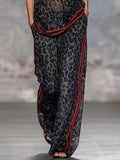 Loose Wide Leg Contrast Color Leopard Pockets Split-Joint Striped Pants Trousers