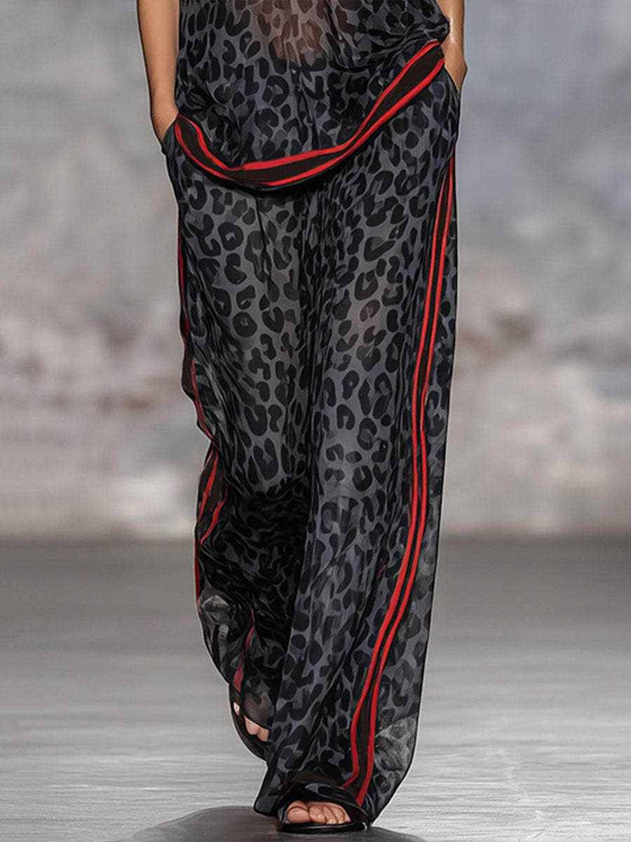 Loose Wide Leg Contrast Color Leopard Pockets Split-Joint Striped Pants Trousers