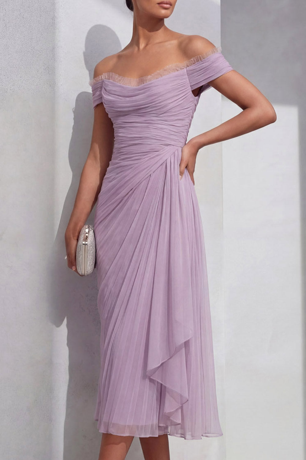 Lilac Formal Evening Dress Off the Shoulder Pleated Chiffon Midi Dress