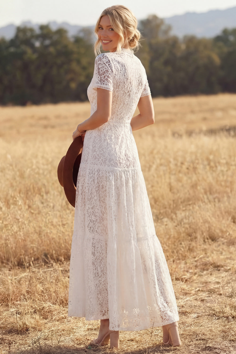 White Boho Dress A-Line Keyhole Short Sleeve Lace Maxi Dress
