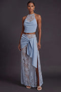 Sky Blue Formal Evening Outfit Sets Halter Slit Skirts Set