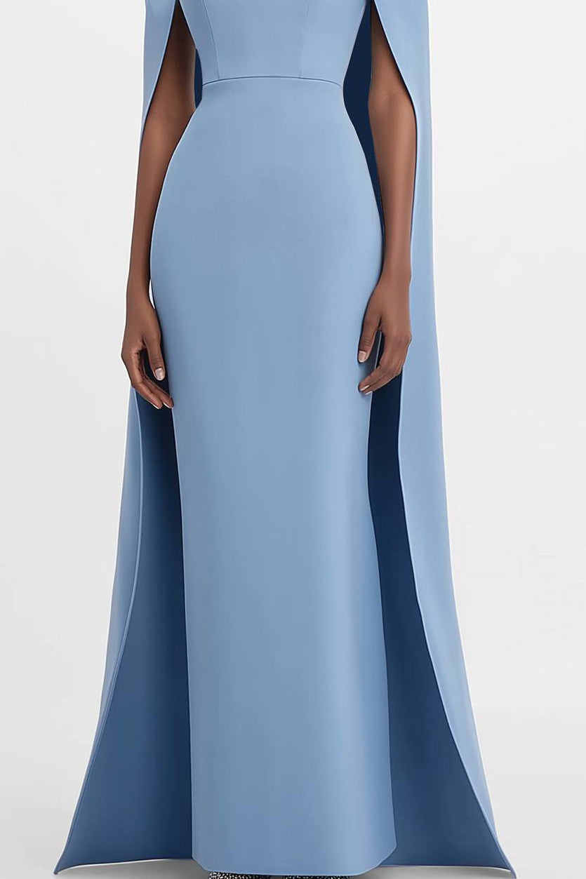 Mother of the Bride Dress Blue Cape Rhinestone Dec Pencil Maxi Gown