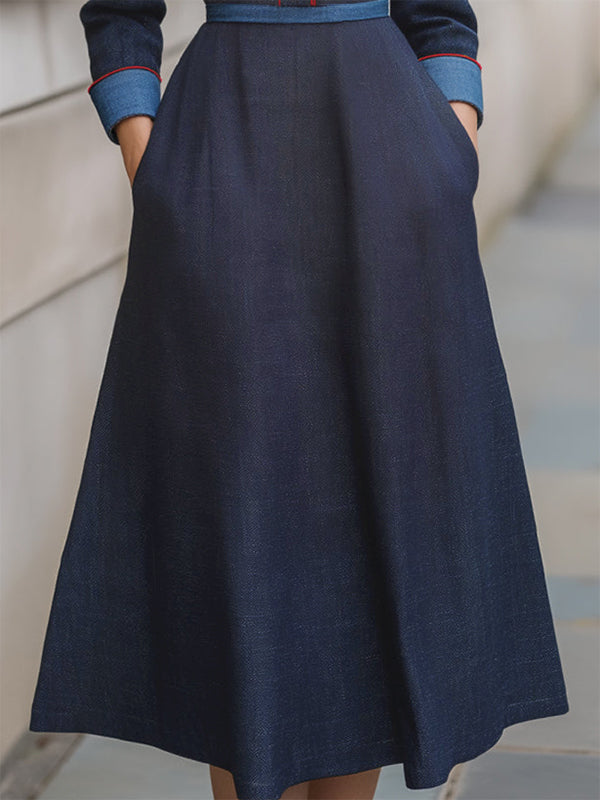 A-Line High Waisted Buttoned Pockets Solid Color Split-Joint Lapel Midi Dresses