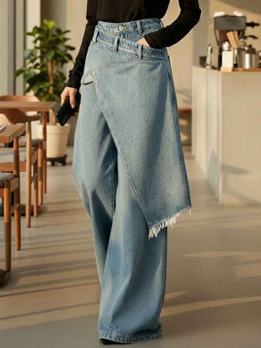 High Waisted Irregularity Asymmetric Buttoned Fringed Interlace Layered Pockets Solid Color Jean Pants Bottoms