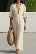 Casual Vacation Linen Dress Beige Deep V Half-Sleeve Maxi Dress