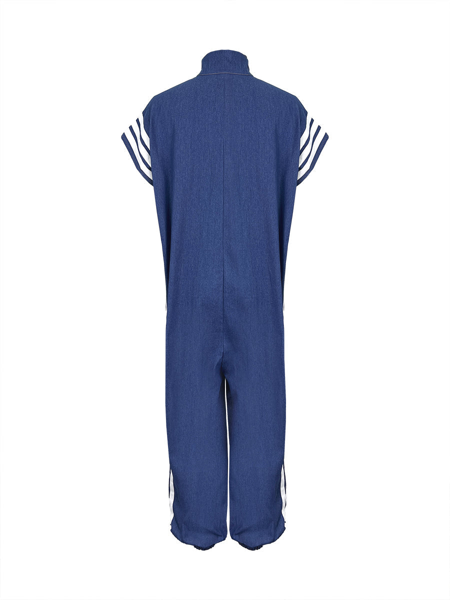 Ankle-Tied Loose Contrast Color Pockets Split-Joint Striped Zipper Stand Collar Jumpsuits