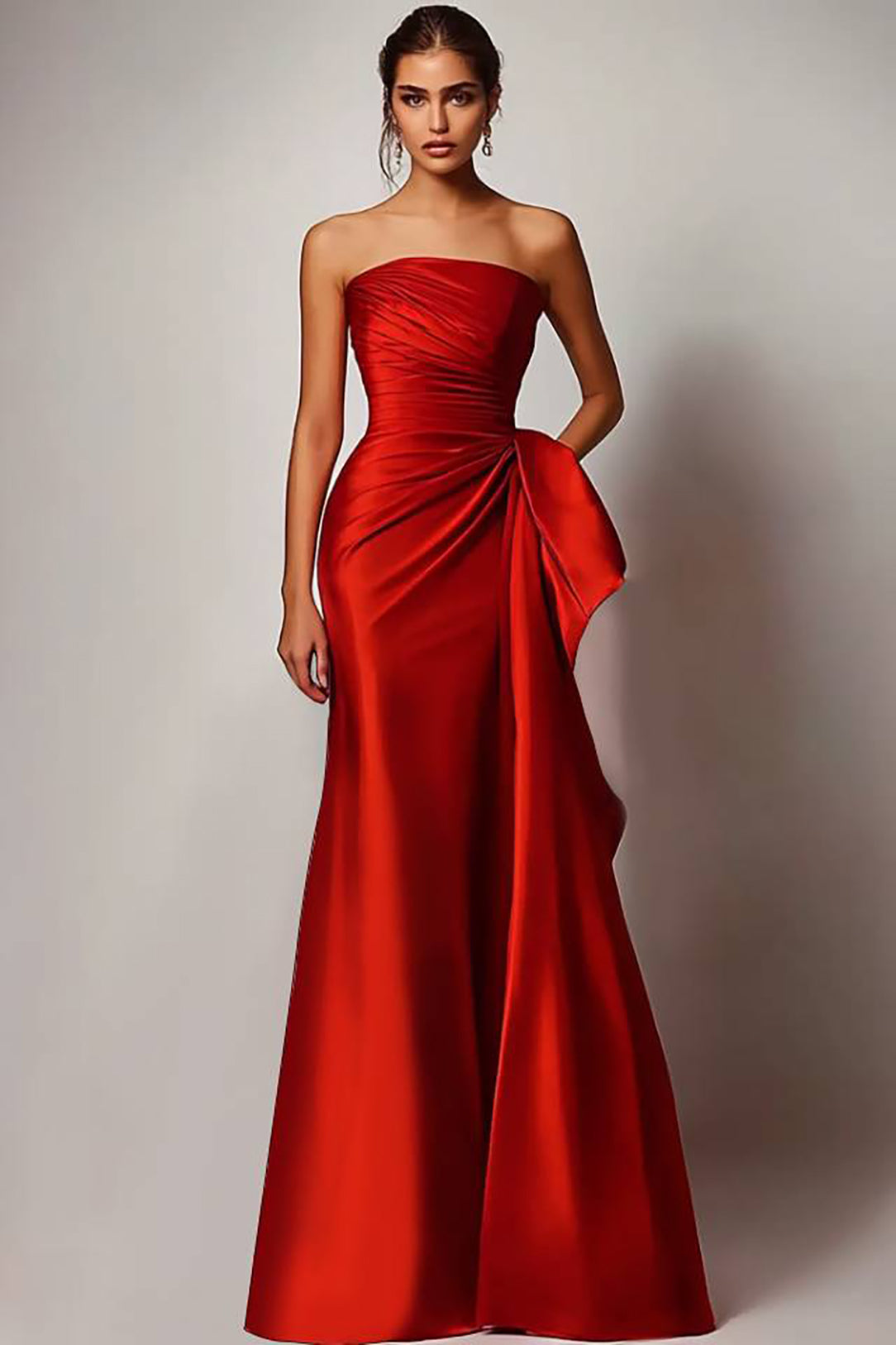 Evening Formal Dress Red Strapless Satin Maxi Gown