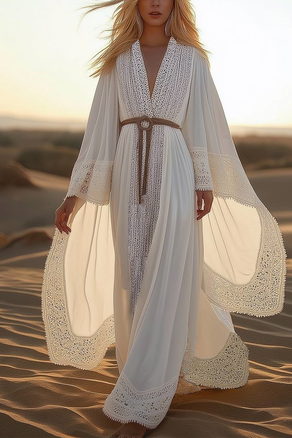 Bohemian Vacation Dress White Loose Sleeve Lace Belt Maxi Dress