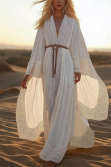 Bohemian Vacation Dress White Loose Sleeve Lace Belt Maxi Dress